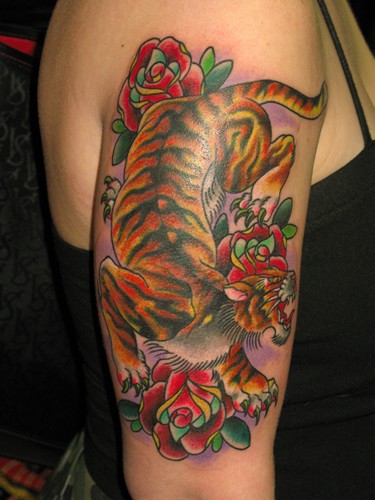 Tattoos - Traditional Old School tattoos - tiger and roses